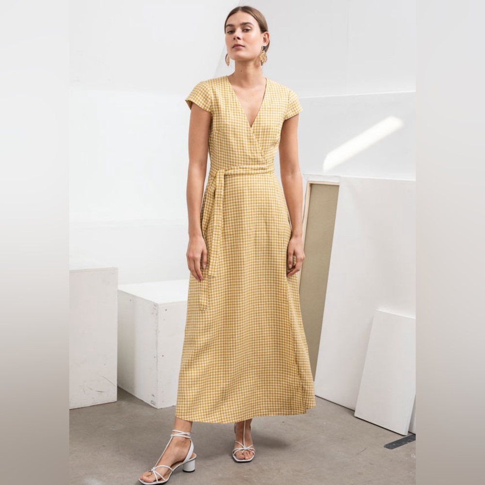 & Other Stories Gingham Linen Wrap Midi Dress
